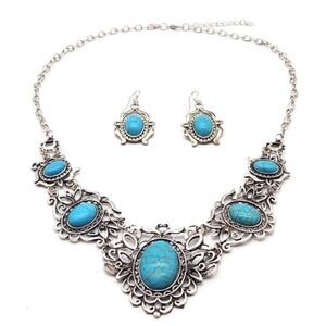 Vintage Style Silver with Turquoise Necklace and Earrings Set